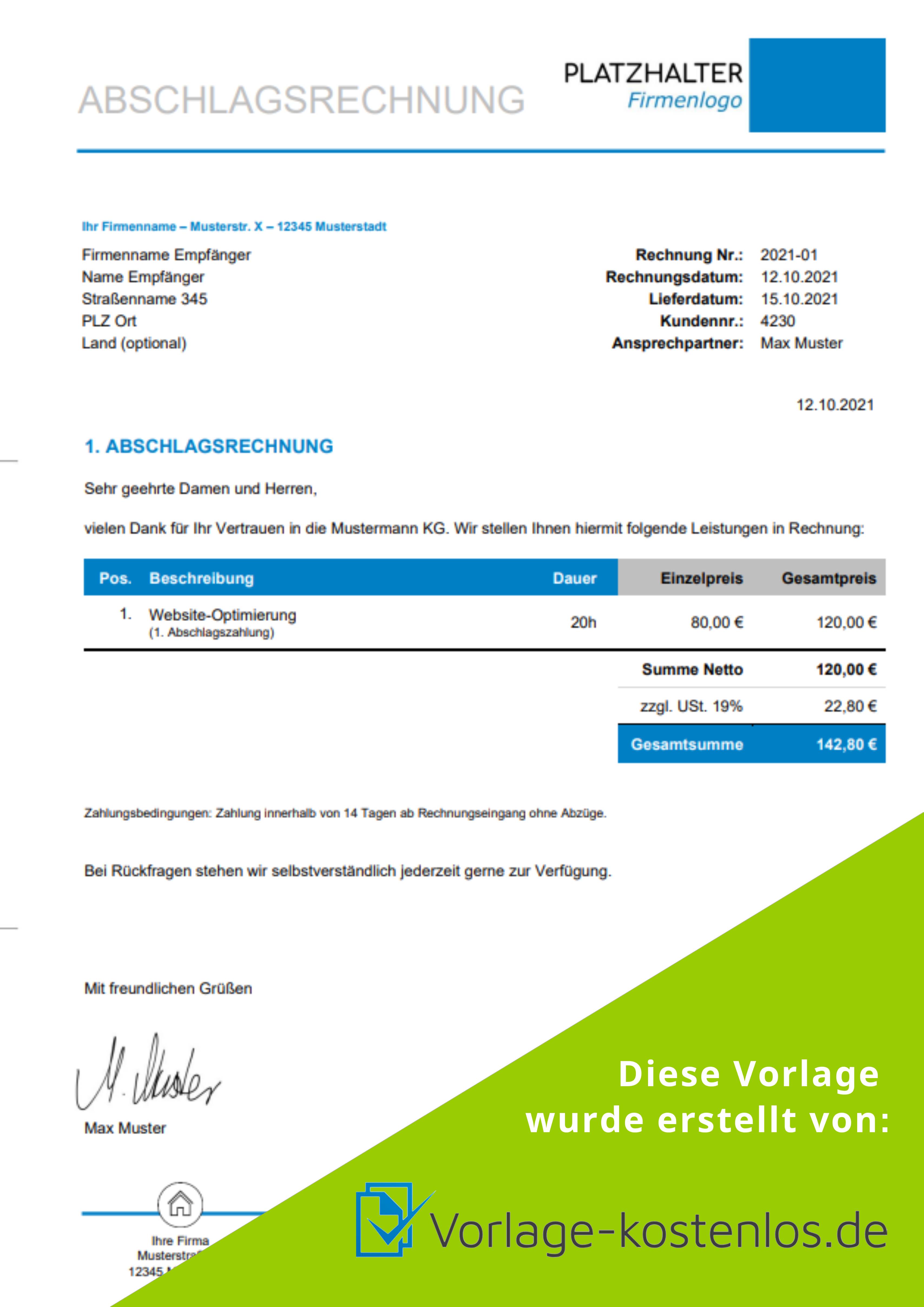 Abschlagsrechnung Muster-Beispiel & Vordruck zum Download von vorlage-kostenlos.de