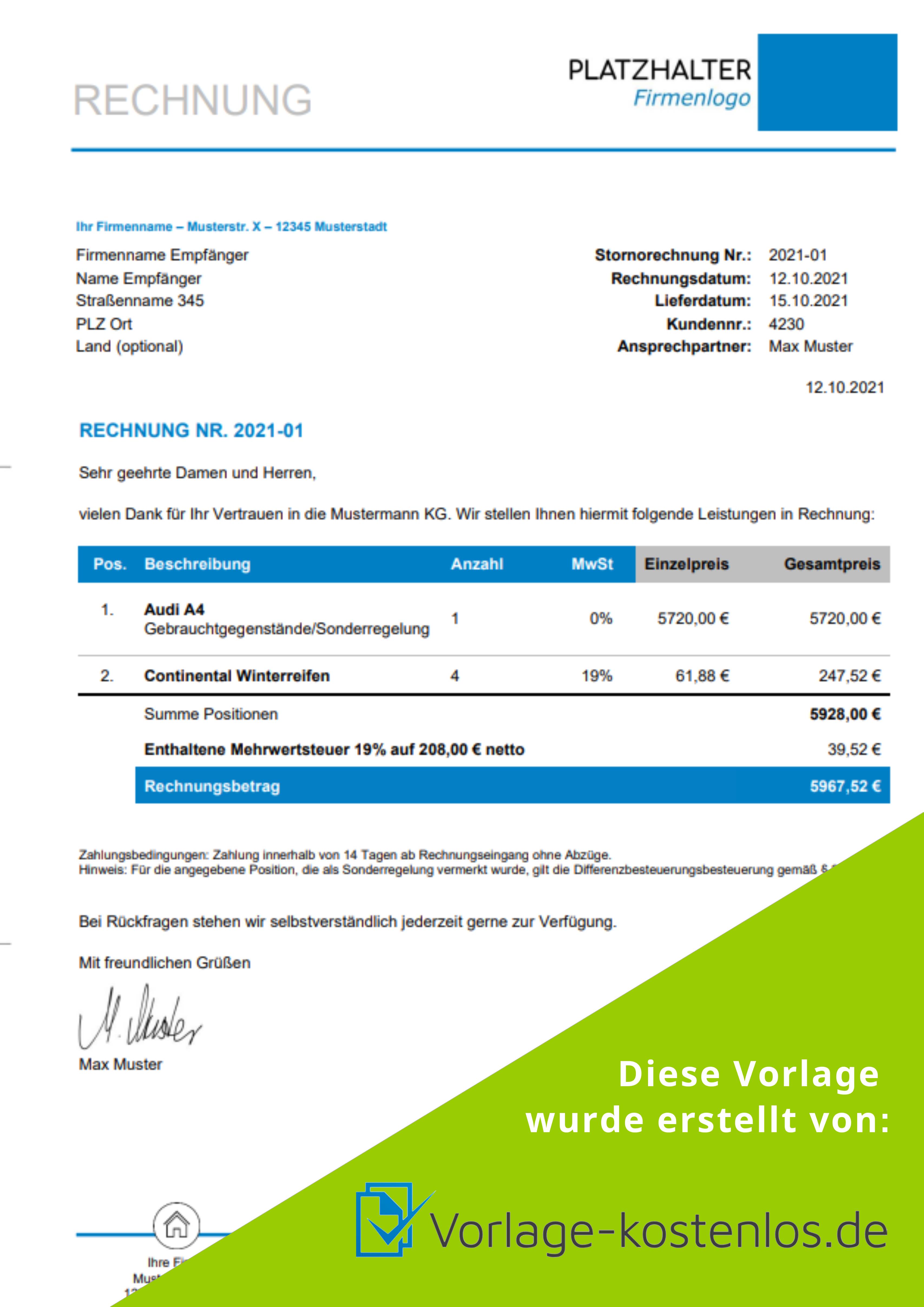 Differenzbesteuerung Rechnung Muster-Beispiel & Vordruck zum Download von vorlage-kostenlos.de