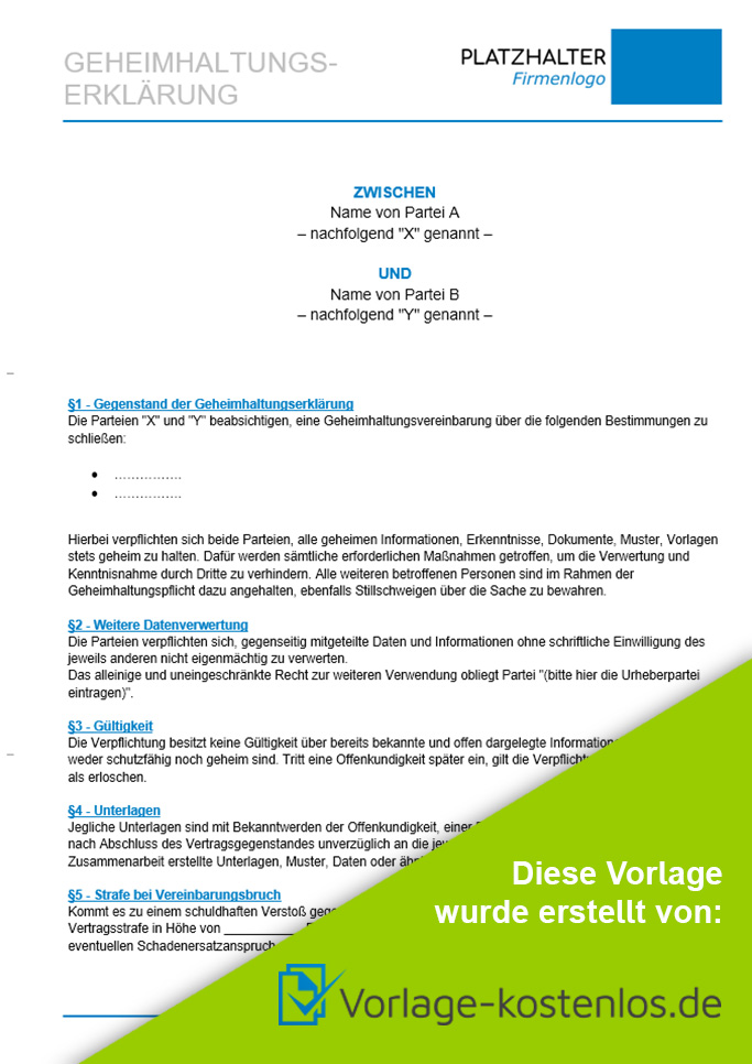 Geheimhaltungserklaerung Muster-Beispiel & Vordruck zum Download von vorlage-kostenlos.de