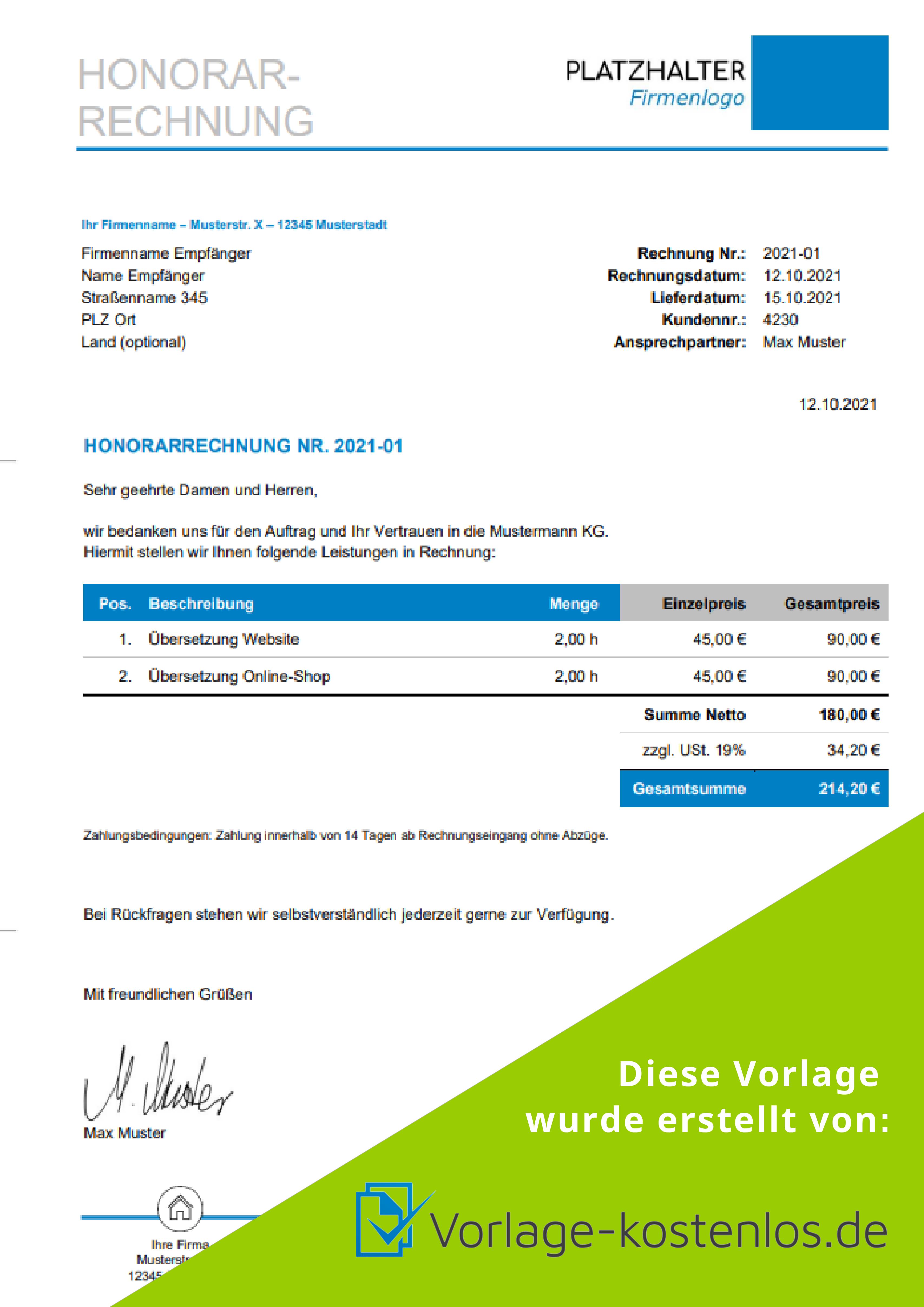 Honorarrechnung Muster-Beispiel & Vordruck zum Download von vorlage-kostenlos.de