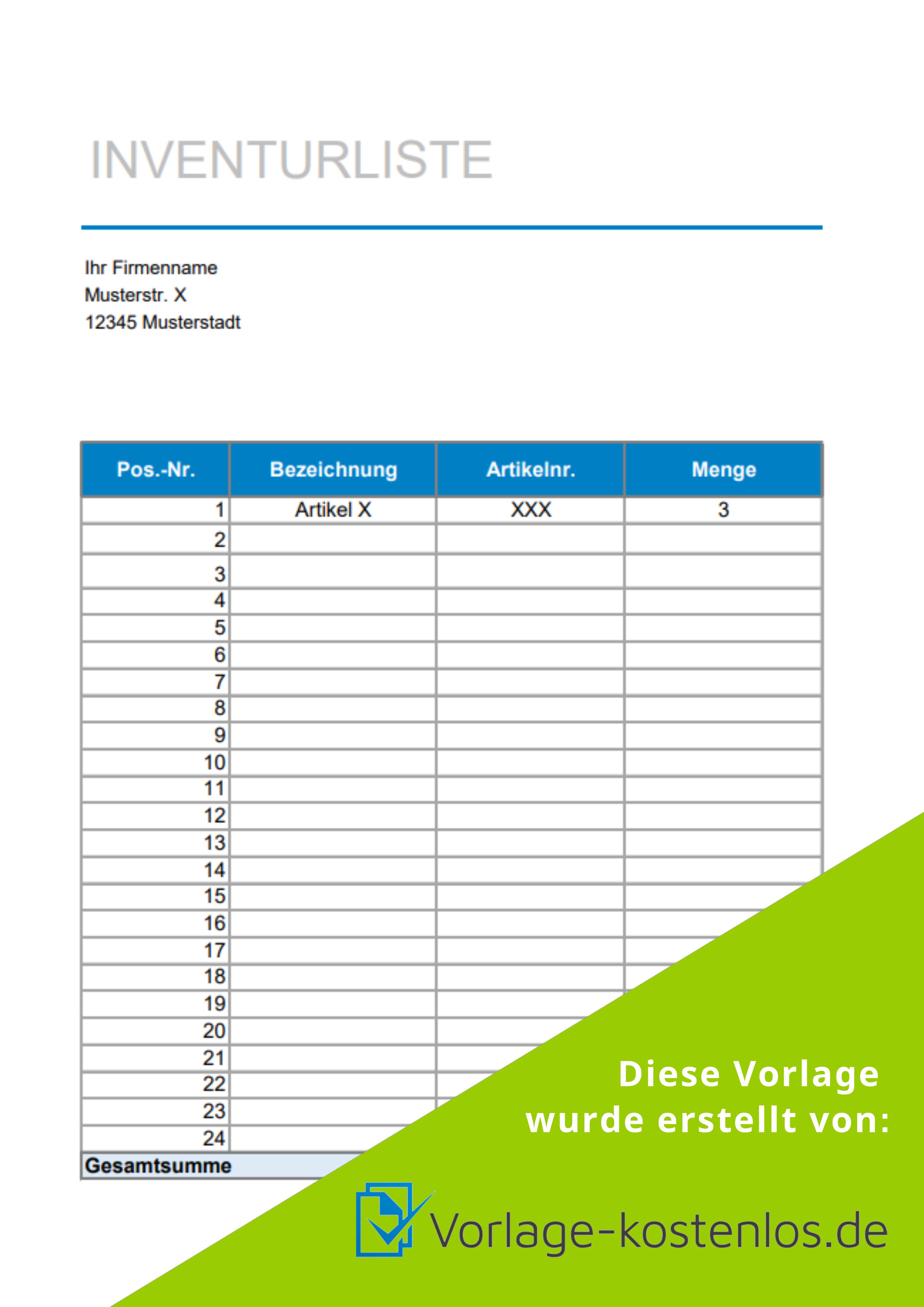 Inventurliste Vorlage Muster-Beispiel & Vordruck zum Download von vorlage-kostenlos.de