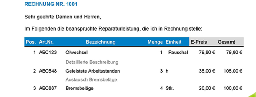 kostenloses kfz rechnung muste fuer autoverkauf und reperatur