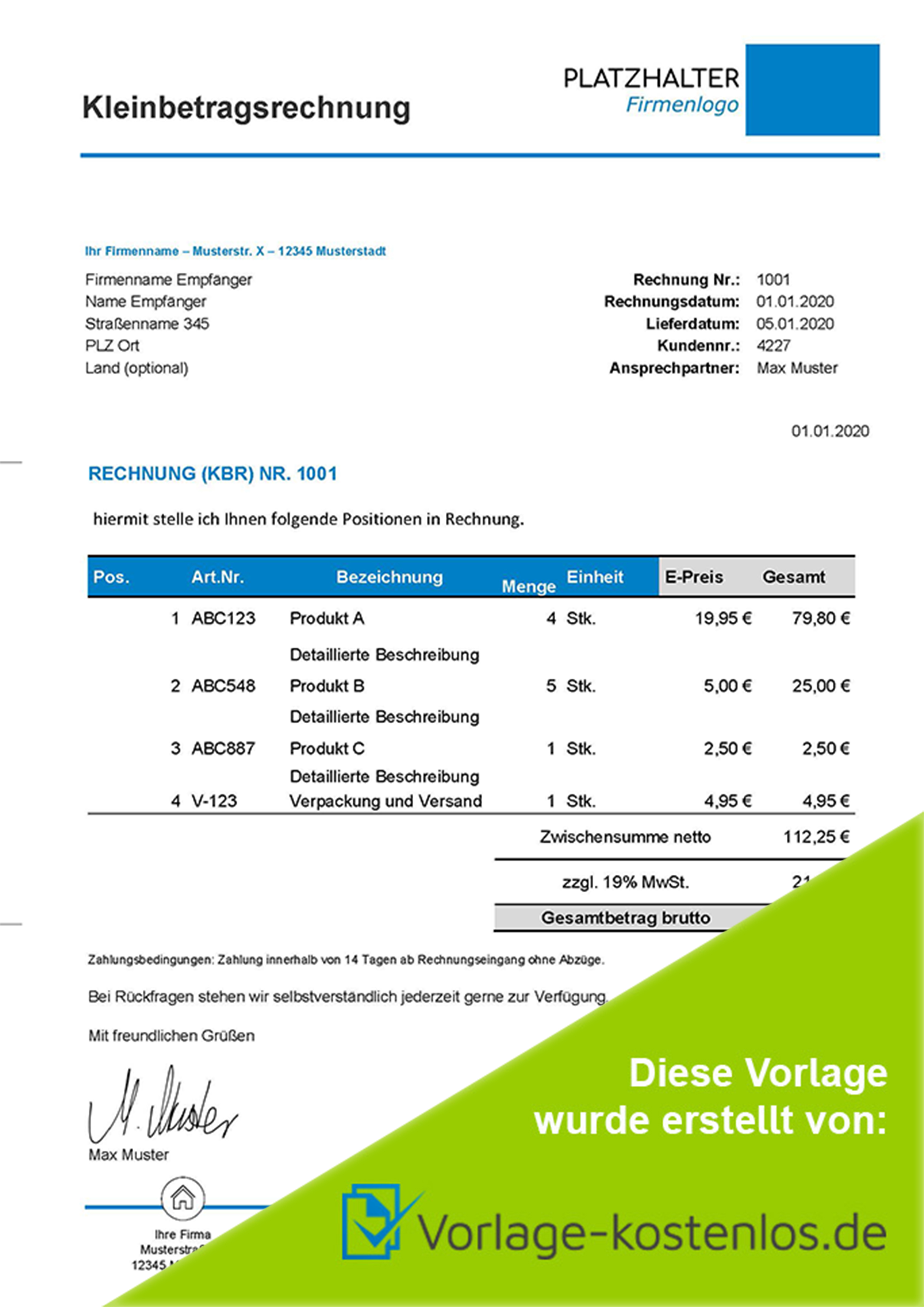 Kleinbetragsrechnung Muster Muster-Beispiel & Vordruck zum Download von vorlage-kostenlos.de