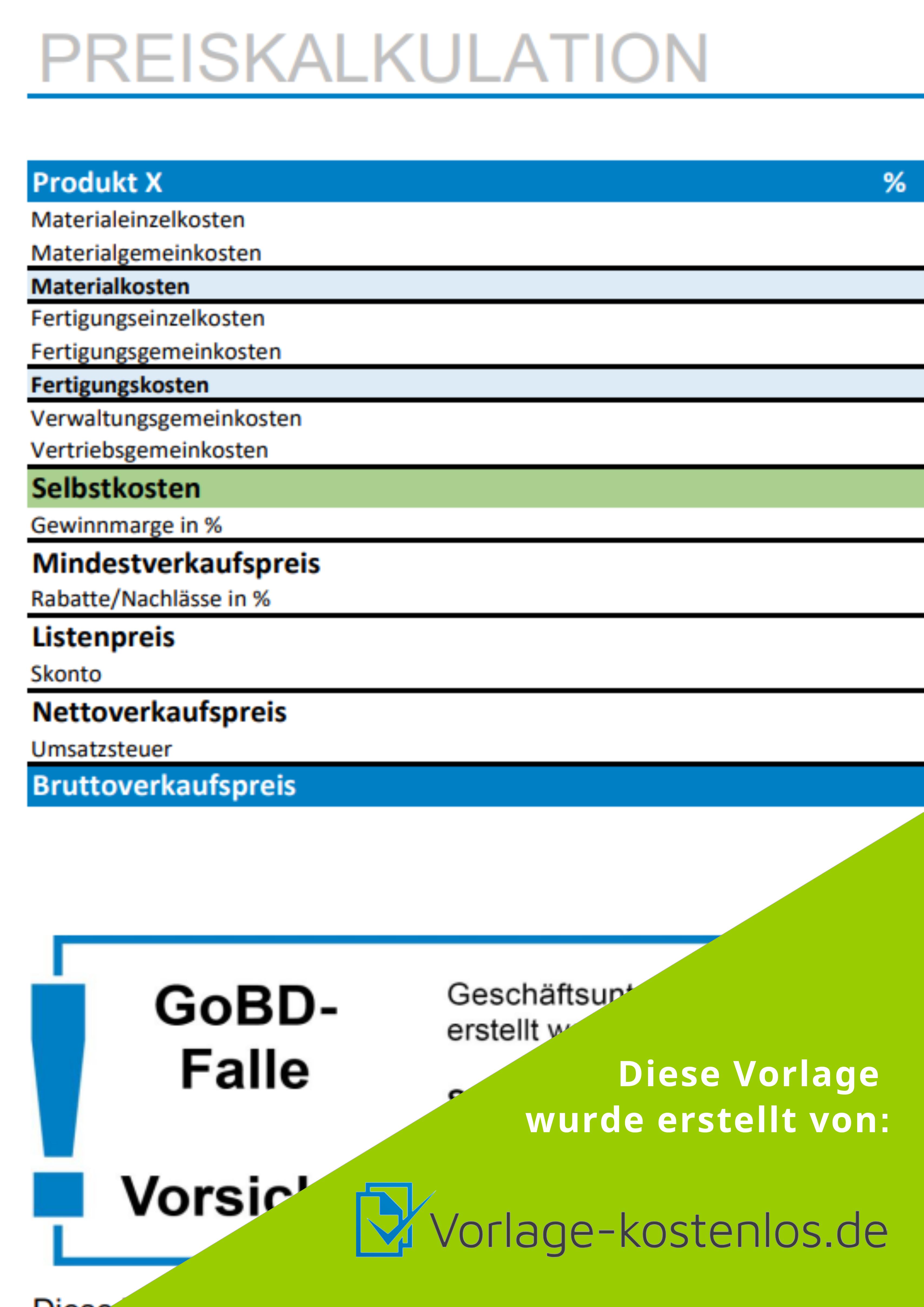 Preiskalkulation Vorlage Muster-Beispiel & Vordruck zum Download von vorlage-kostenlos.de
