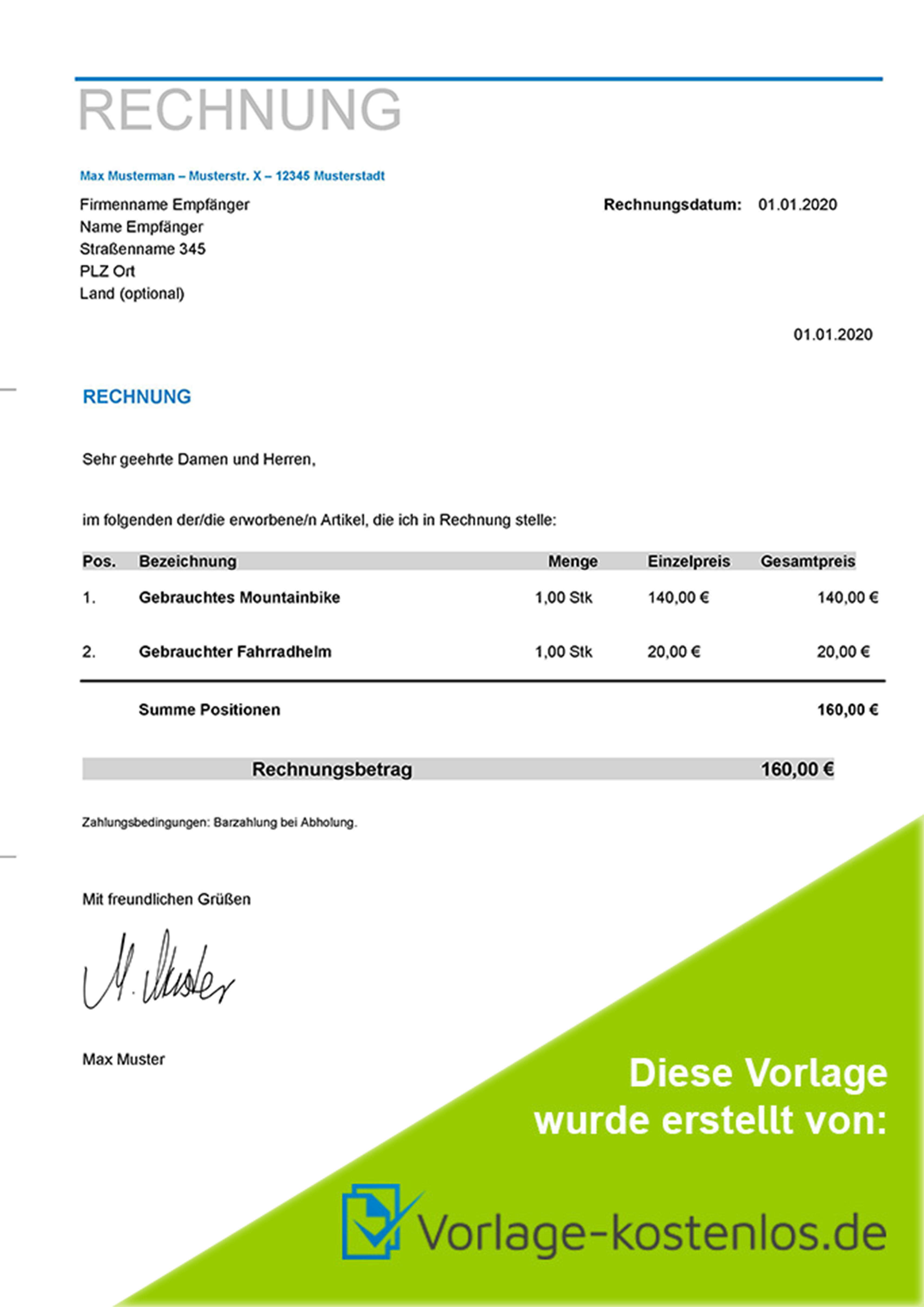 Privatrechnung Vorlage Muster-Beispiel & Vordruck zum Download von vorlage-kostenlos.de