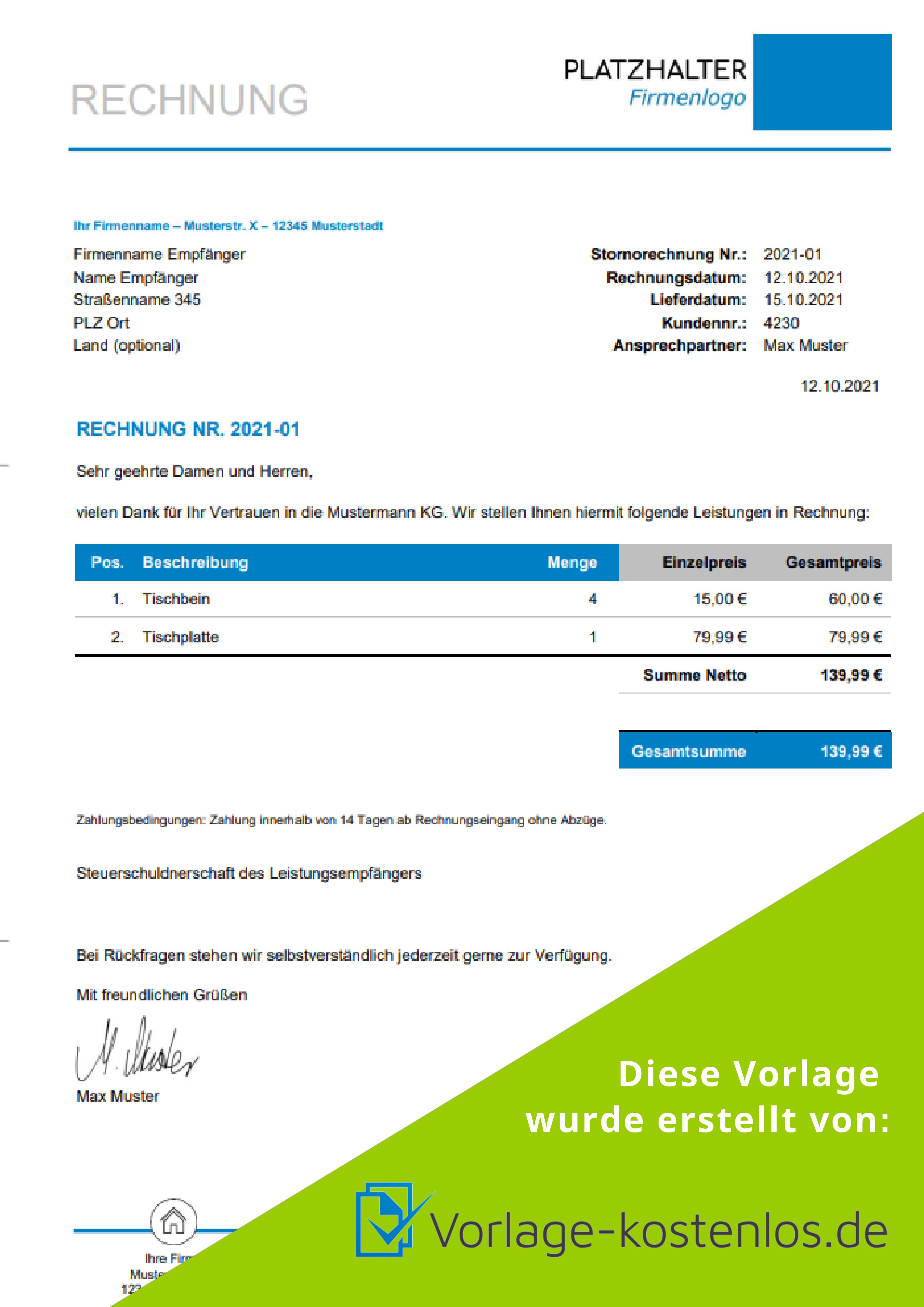 Rechnung In Die Schweiz Muster Muster-Beispiel & Vordruck zum Download von vorlage-kostenlos.de
