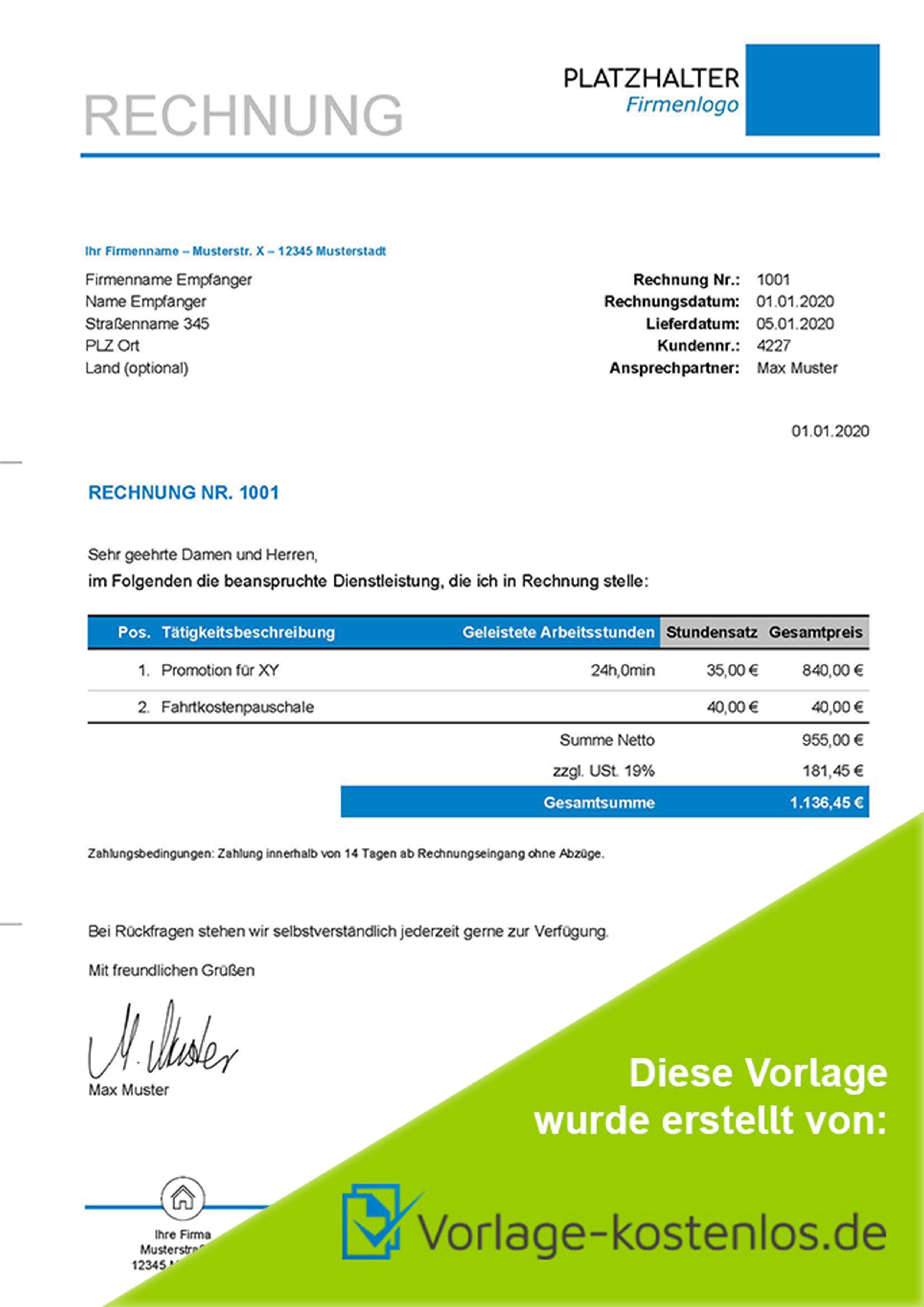 Rechnungsvorlage Dienstleistung Muster-Beispiel & Vordruck zum Download von vorlage-kostenlos.de