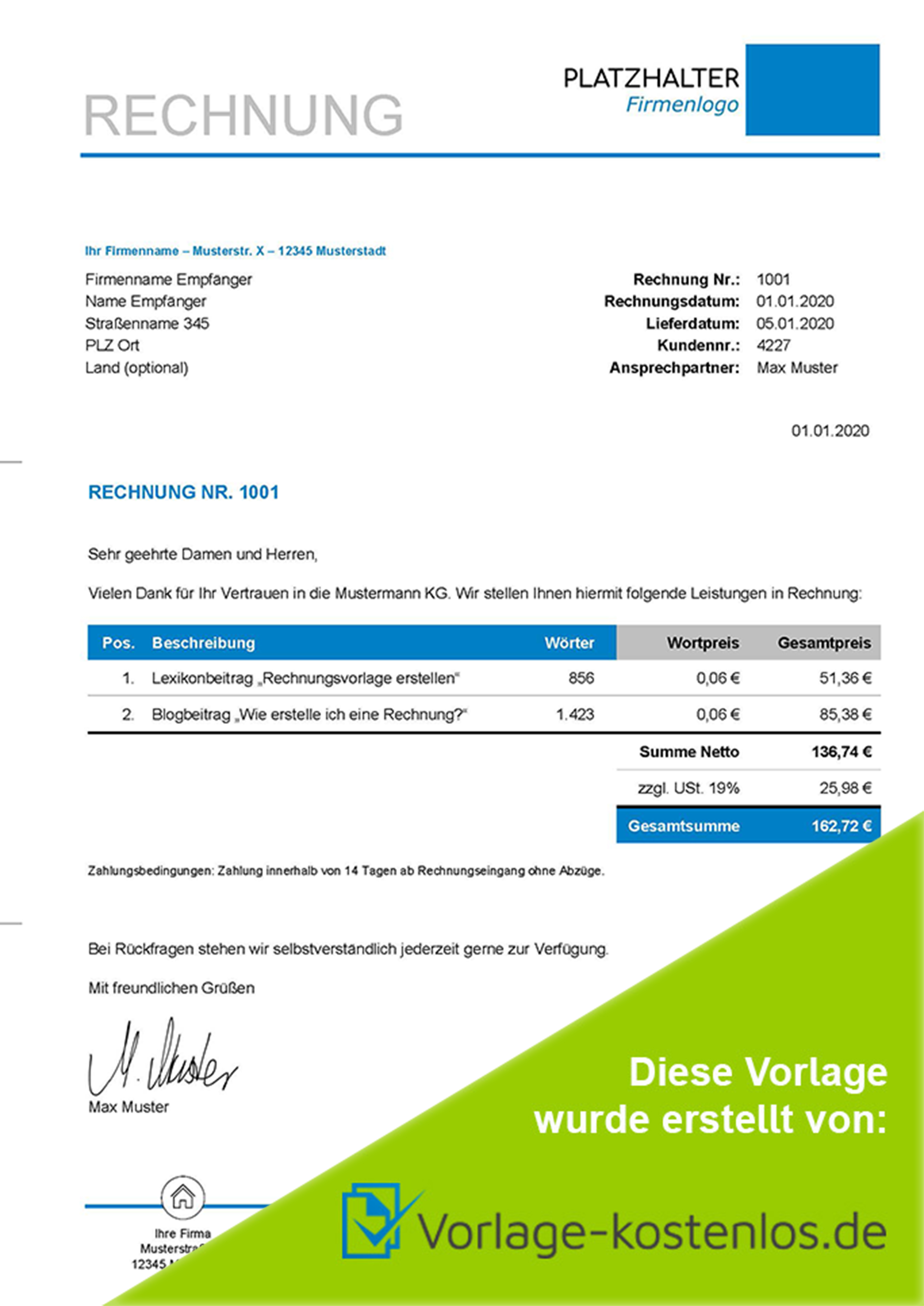 Rechnungsvorlage Freiberufler Muster-Beispiel & Vordruck zum Download von vorlage-kostenlos.de