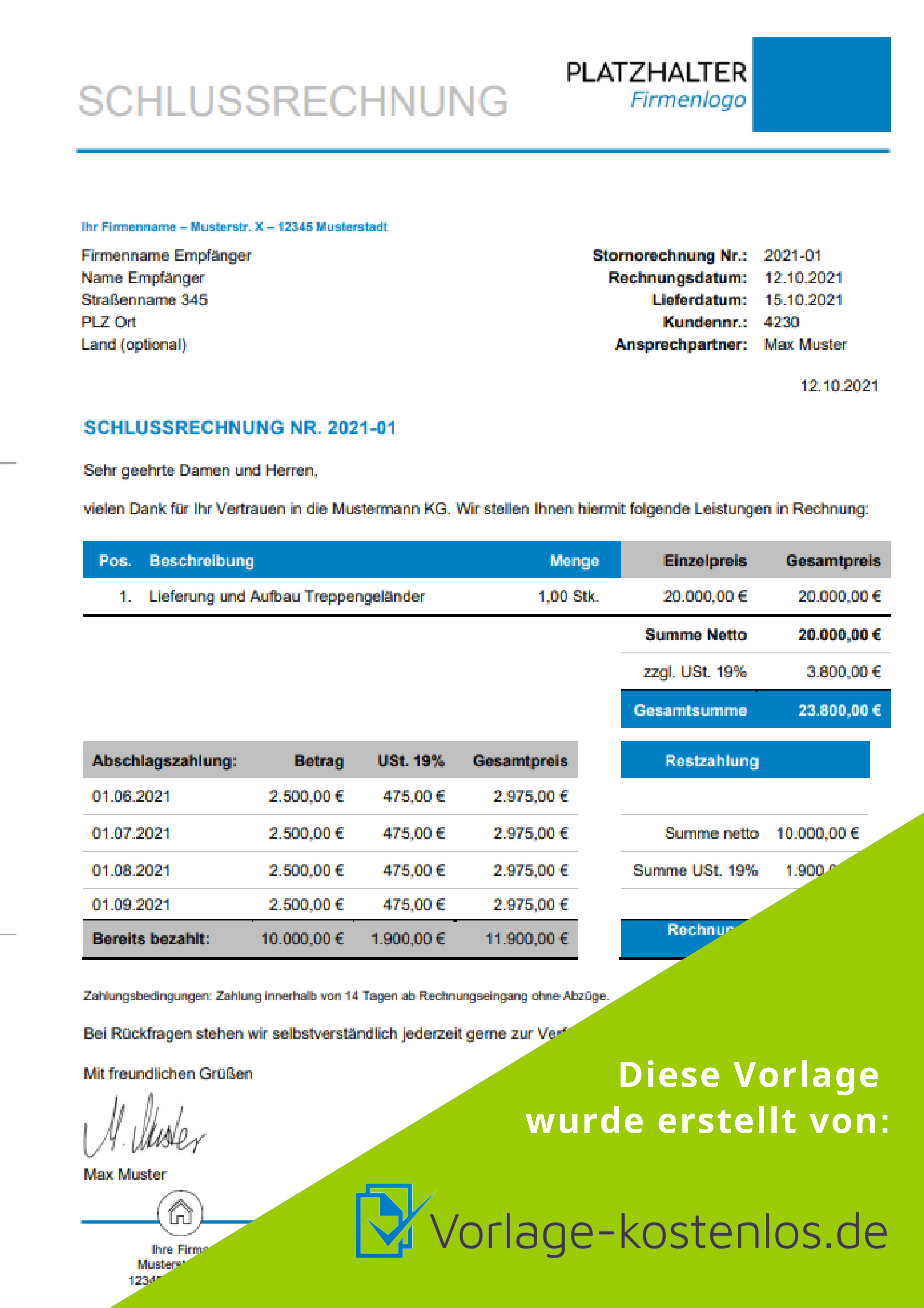 Schlussrechnung Muster-Beispiel & Vordruck zum Download von vorlage-kostenlos.de