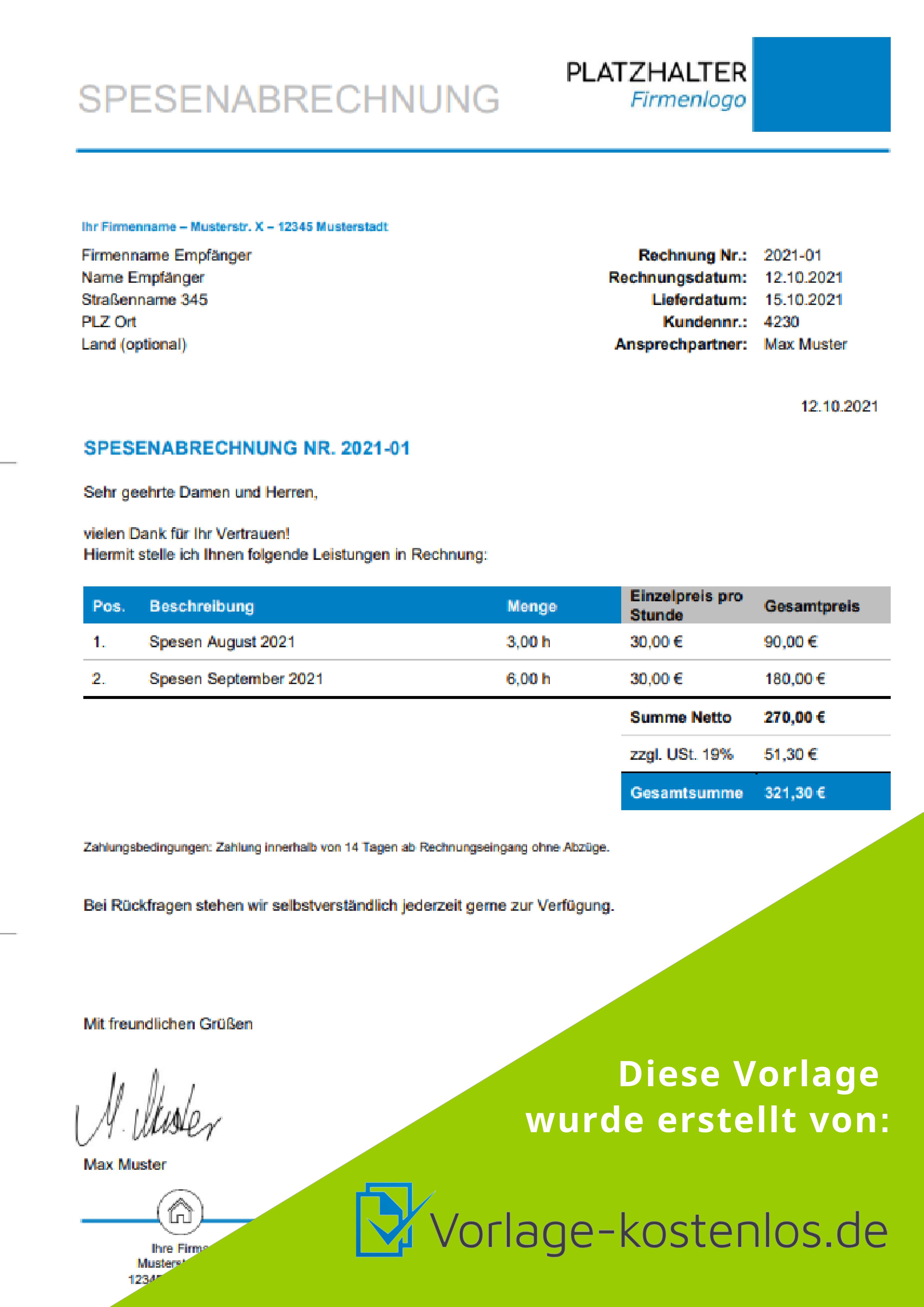 Spesenabrechnung Muster-Beispiel & Vordruck zum Download von vorlage-kostenlos.de