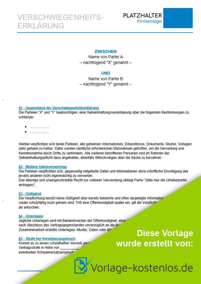 Verschwiegenheitserklaerung Muster-Beispiel & Vordruck zum Download von vorlage-kostenlos.de
