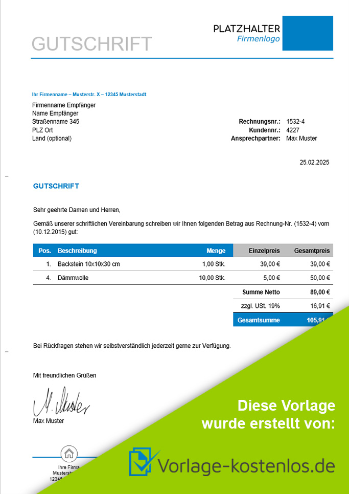 Gutschrift Muster-Beispiel & Vordruck zum Download von vorlage-kostenlos.de