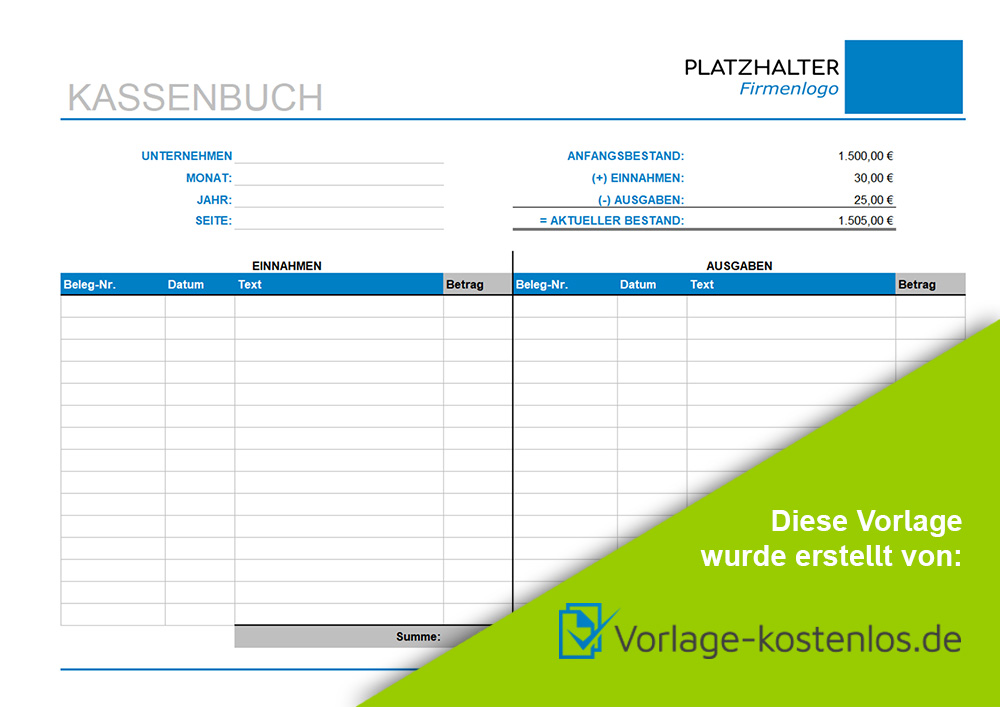 Kassenbuch Muster-Beispiel & Vordruck zum Download von vorlage-kostenlos.de