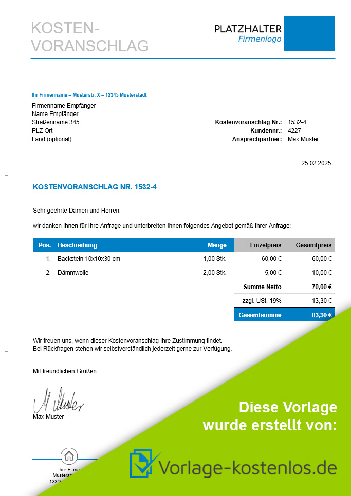 Kostenvoranschlag Muster-Beispiel & Vordruck zum Download von vorlage-kostenlos.de