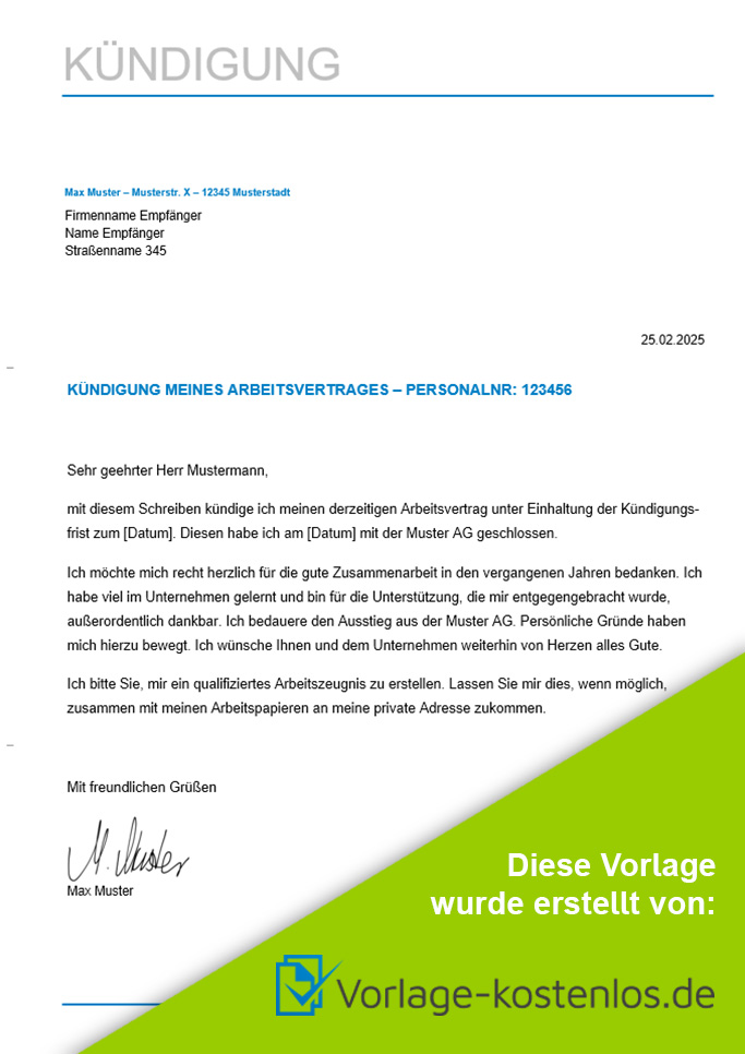 Kuendigung Arbeitnehmer Muster-Beispiel & Vordruck zum Download von vorlage-kostenlos.de