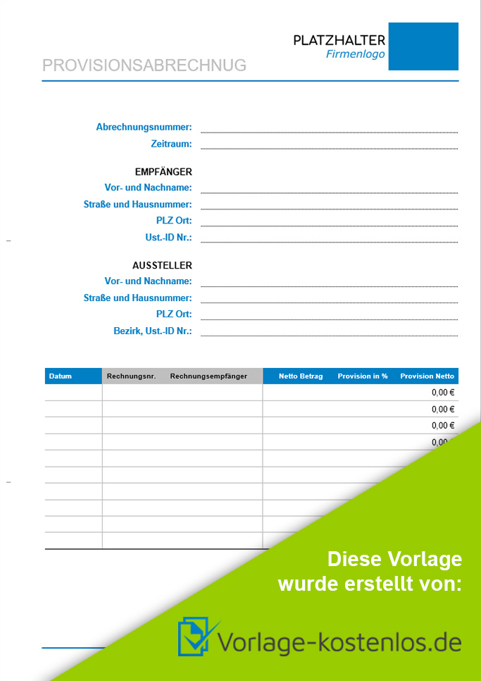 Provisionsabrechnung Muster-Beispiel & Vordruck zum Download von vorlage-kostenlos.de
