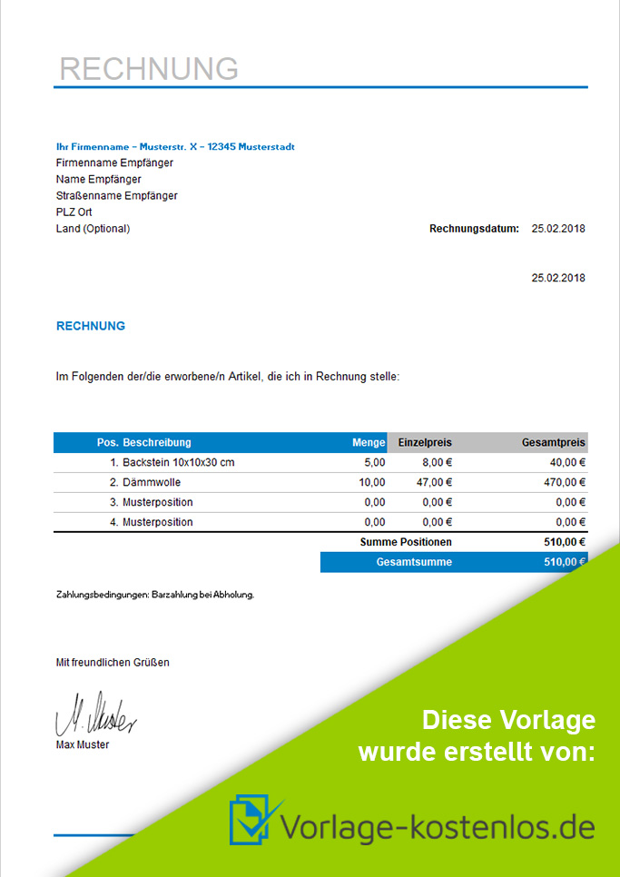 Rechnung Kleinunternehmer Muster-Beispiel & Vordruck zum Download von vorlage-kostenlos.de