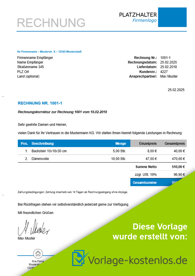 Rechnungskorrektur Muster-Beispiel & Vordruck zum Download von vorlage-kostenlos.de