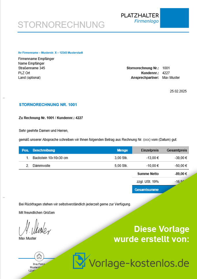 Stornorechnung Muster-Beispiel & Vordruck zum Download von vorlage-kostenlos.de