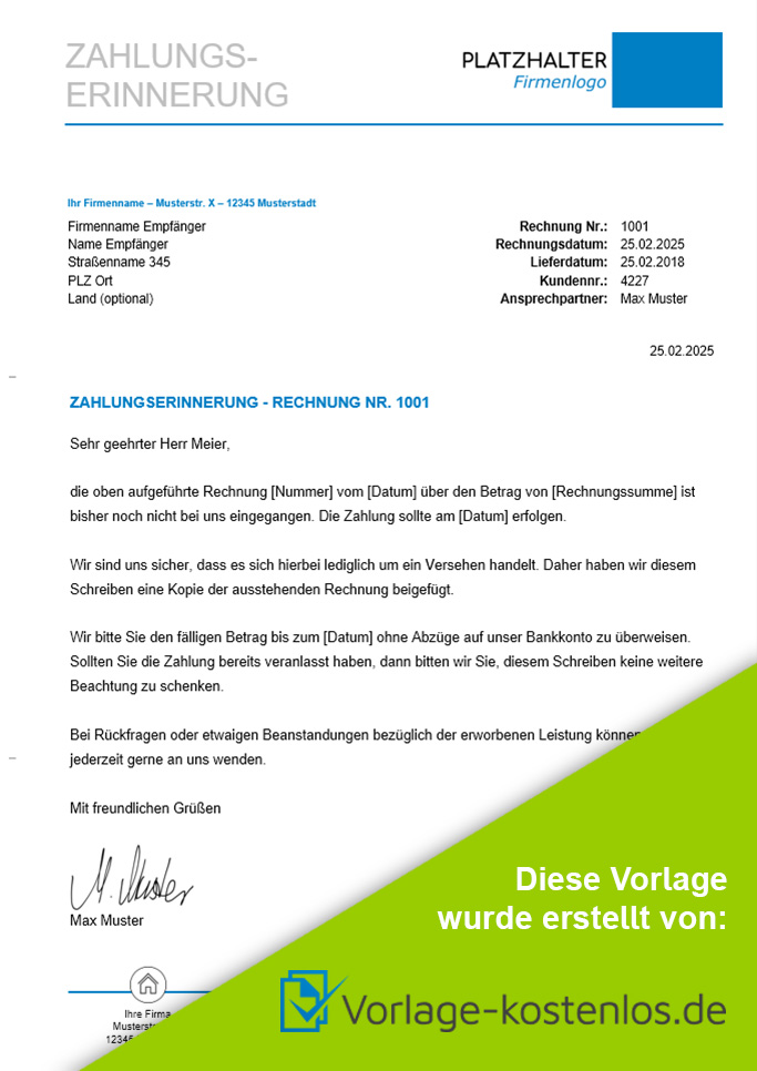 Zahlungserinnerung Muster-Beispiel & Vordruck zum Download von vorlage-kostenlos.de