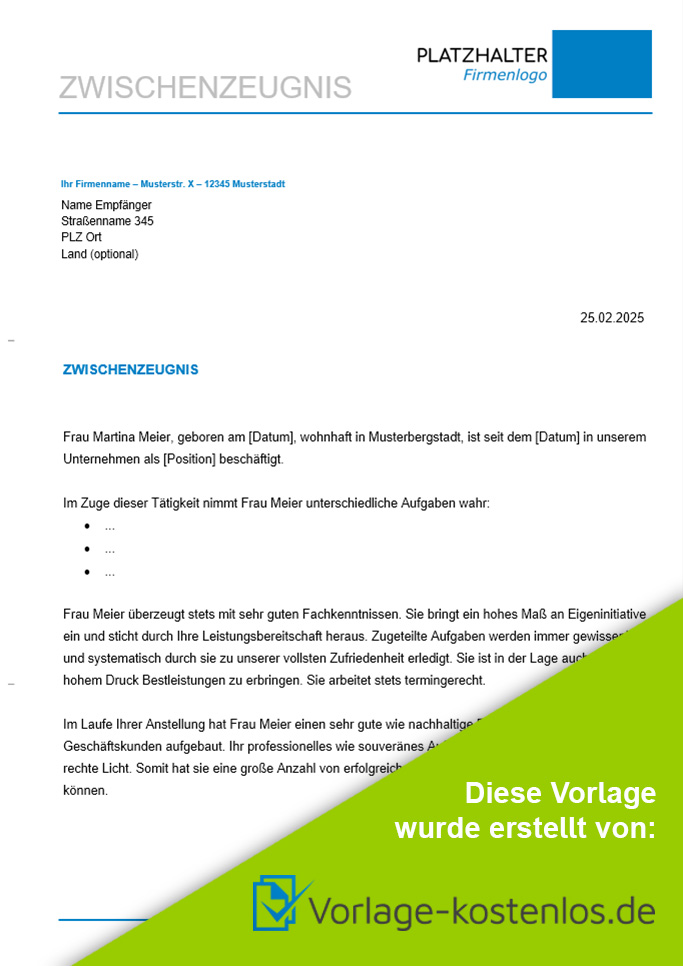 Zwischenzeugnis Muster-Beispiel & Vordruck zum Download von vorlage-kostenlos.de
