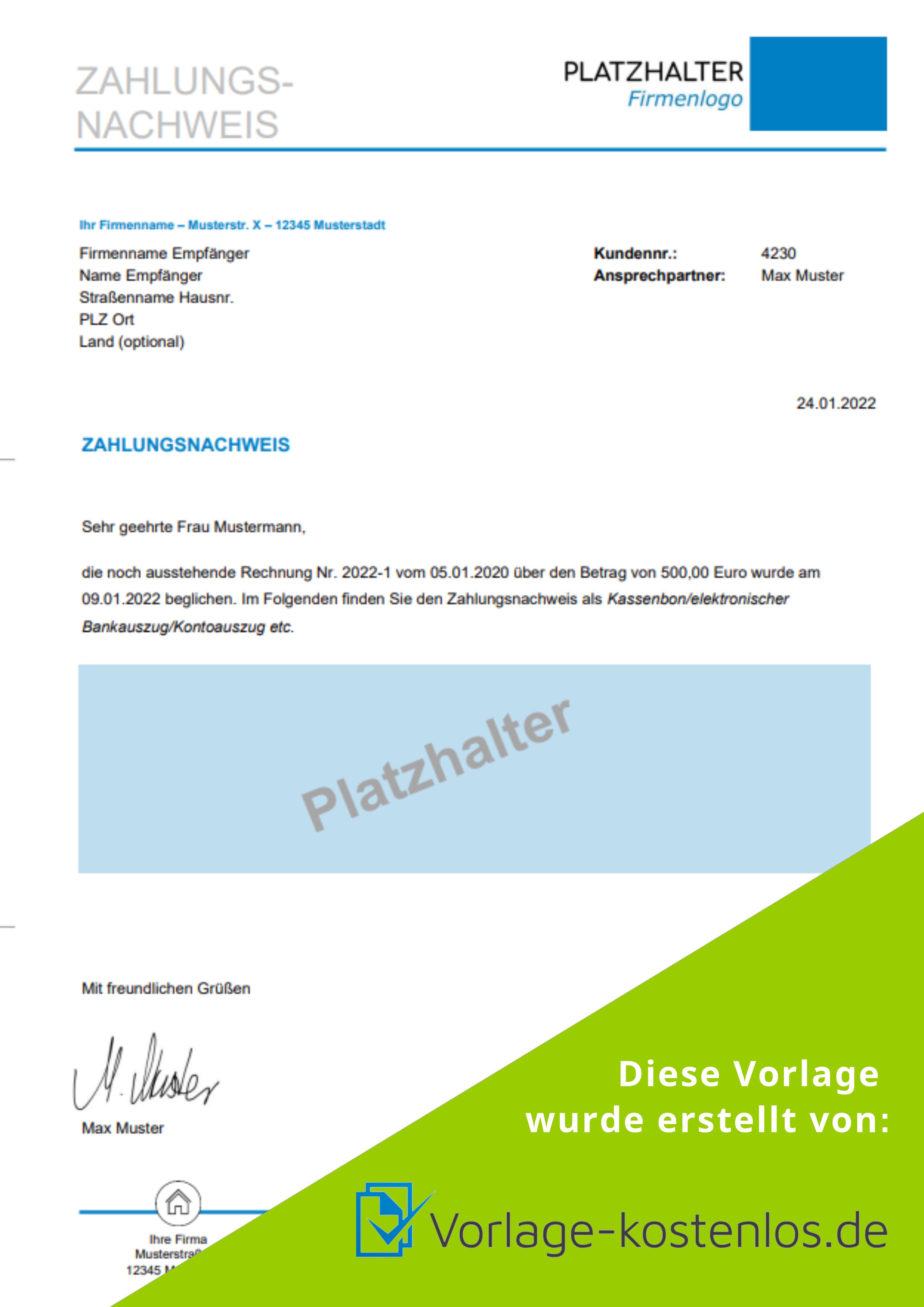 Zahlungsnachweis Vorlage Muster-Beispiel & Vordruck zum Download von vorlage-kostenlos.de