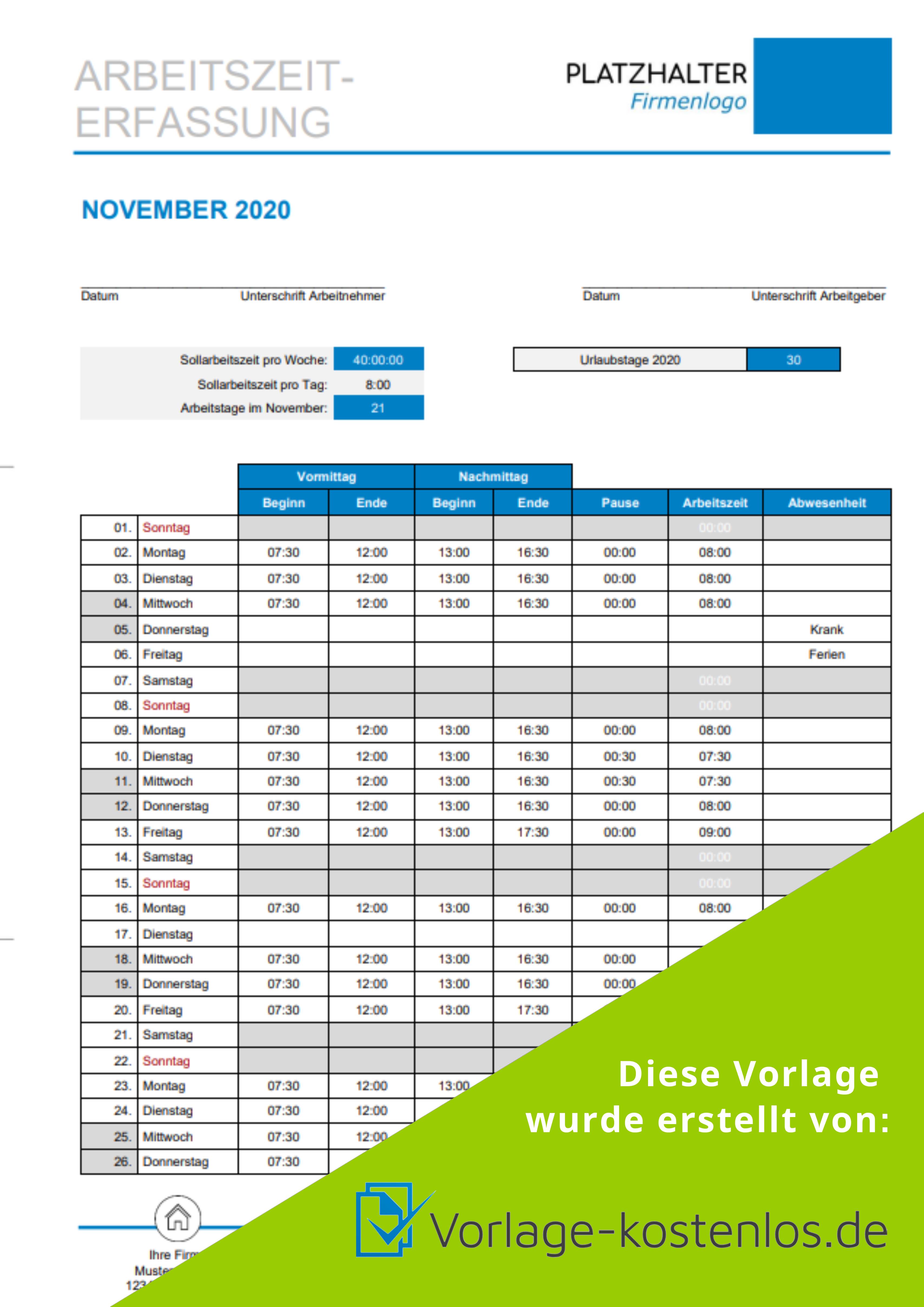 Zeiterfassung Vorlage Muster-Beispiel & Vordruck zum Download von vorlage-kostenlos.de